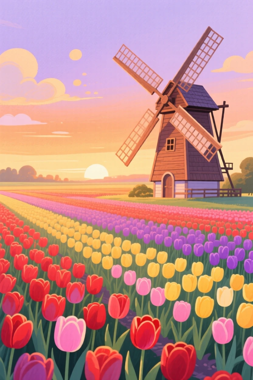 A windmill overlooking a tulip field, glowing softly as evening falls.