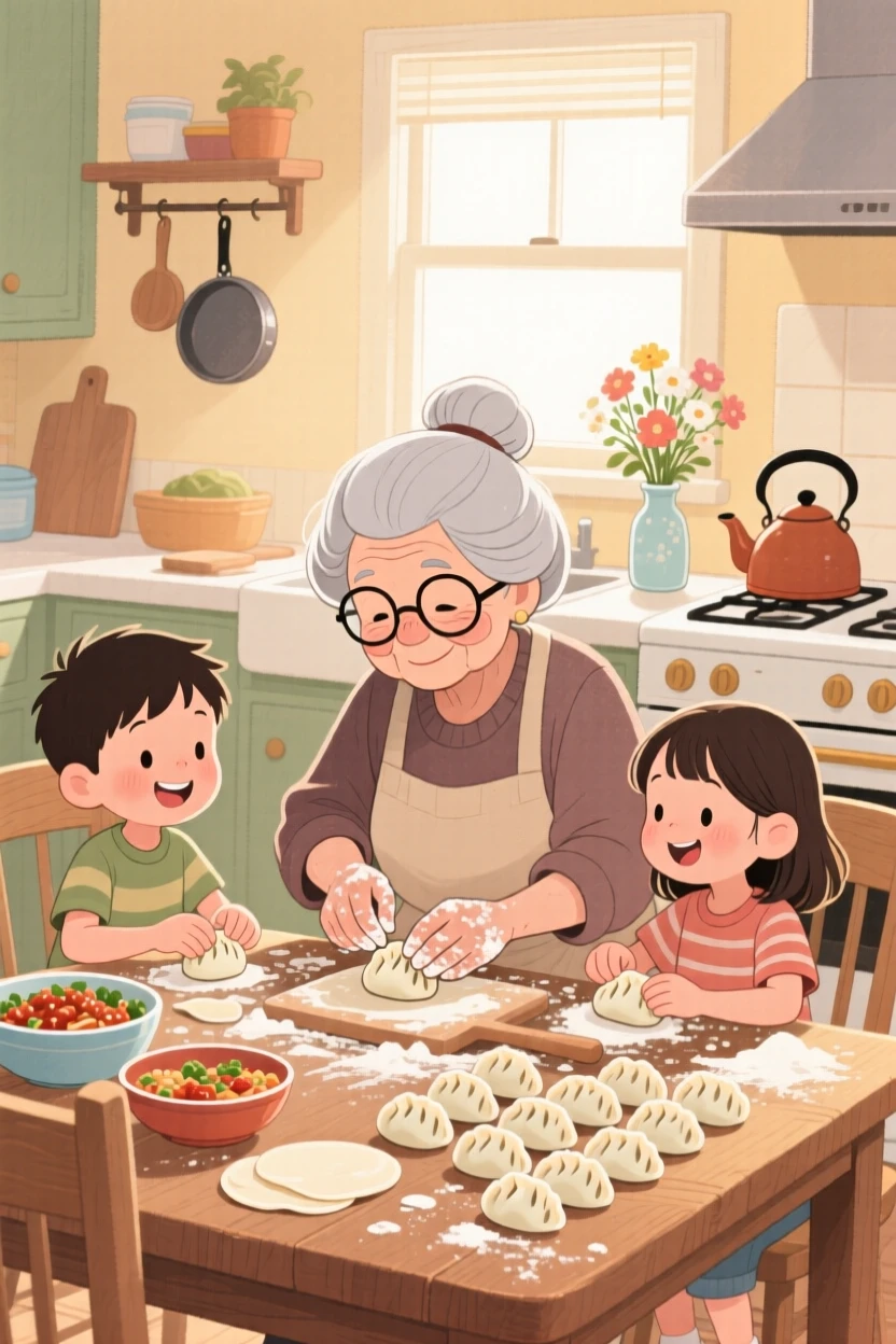 A dumpling-making session with grandma showing the grandkids how to fold each one, radiating delicious coziness.