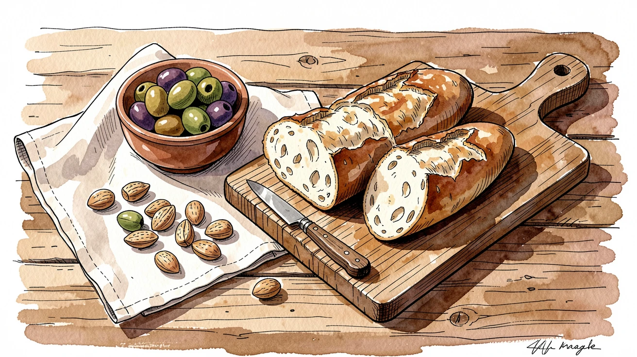 A rustic charcuterie spread with olives, nuts, and crusty bread, the aroma almost palpable in the soft afternoon light.