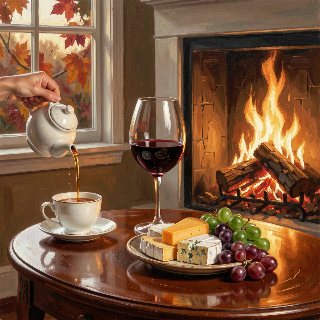 A wine glass beside a plate of cheese and grapes, beside a crackling fireplace on a winter evening, a hand reaching to pour a cup of tea, on a crisp autumn day.
