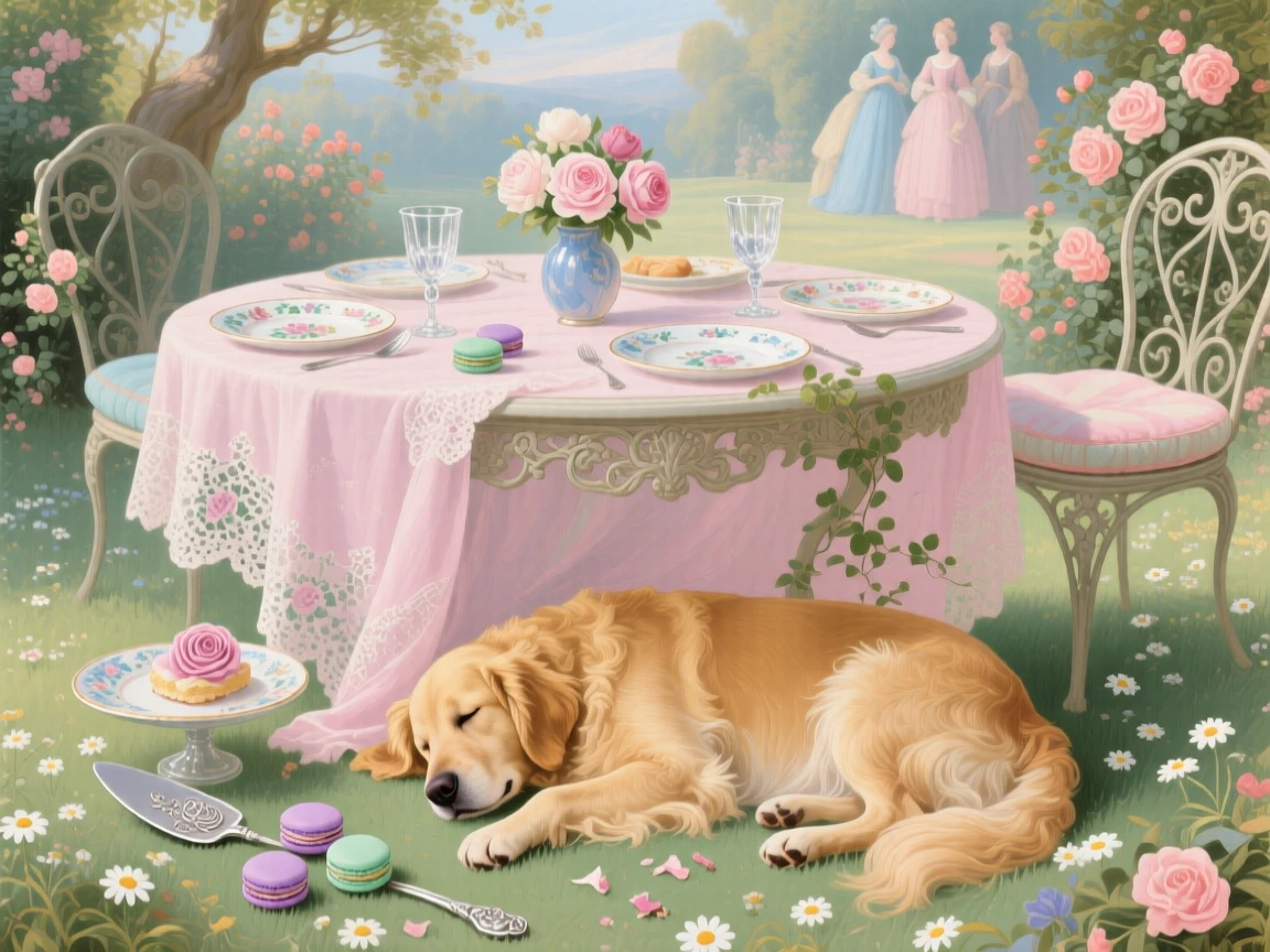 A golden retriever sleeping beneath a table after a garden feast  