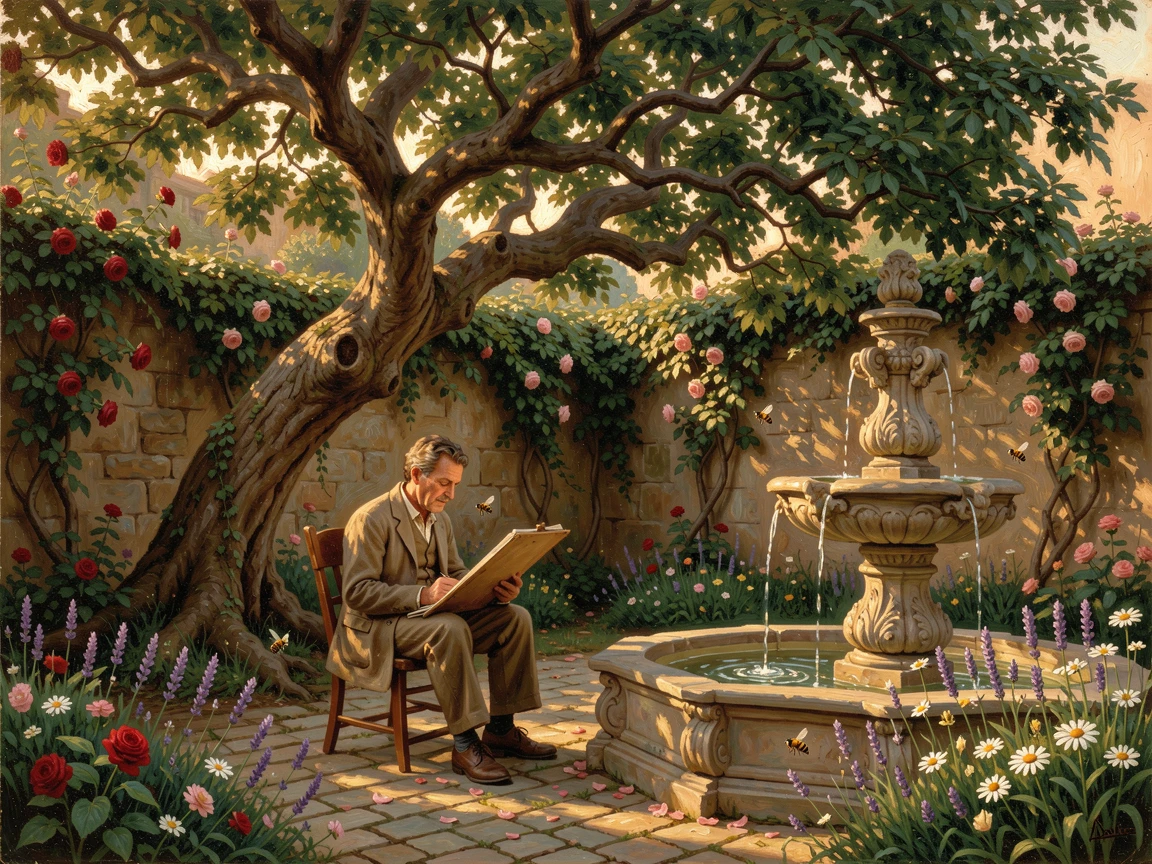 A painter reads beneath a tree in a garden courtyard with a bubbling fountain as bees hum among the flowers.