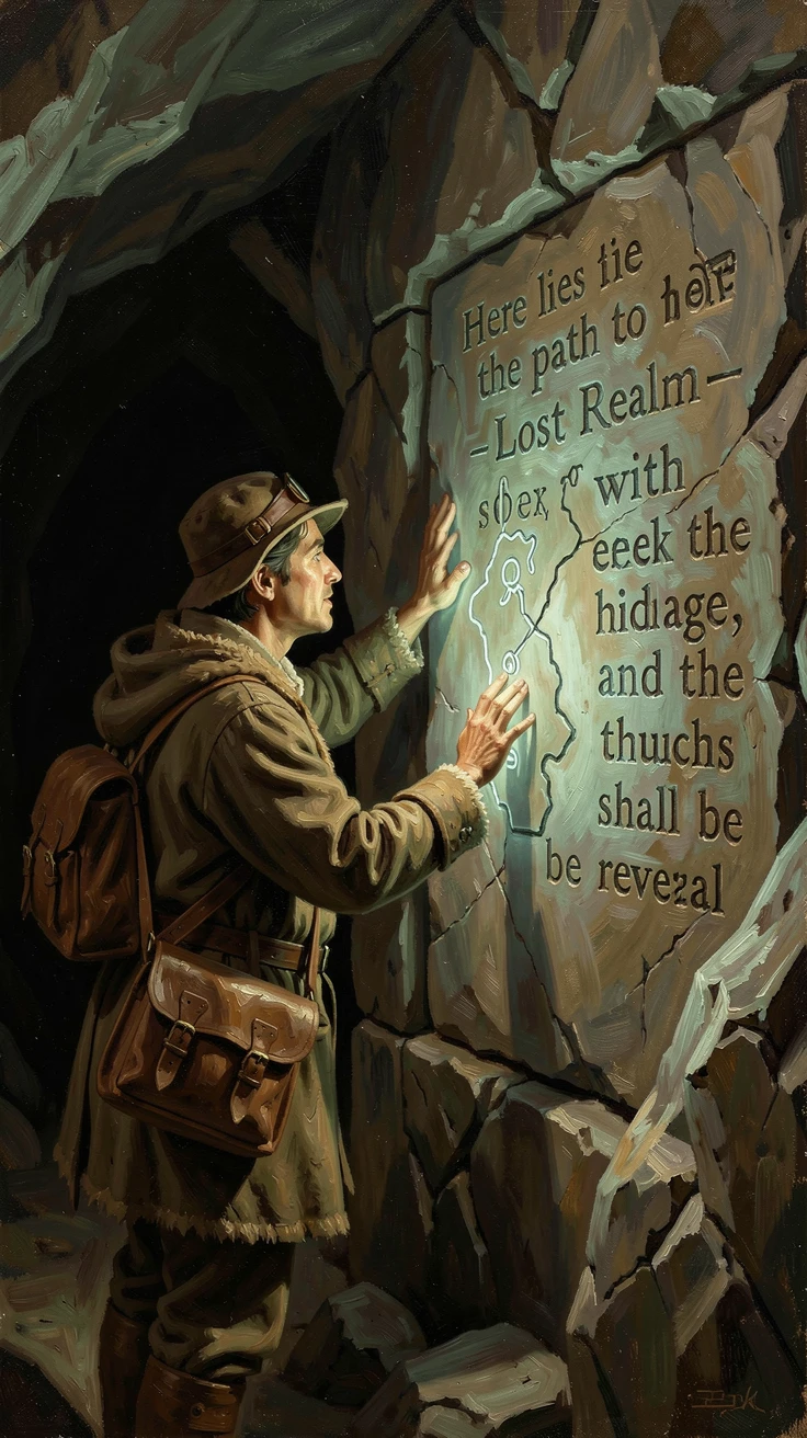 A traveler discovering a glowing map carved into an ancient cave wall, as glowing magical elements illuminate the surrounding darkness, evoking wonder, mystery, and epic storytelling