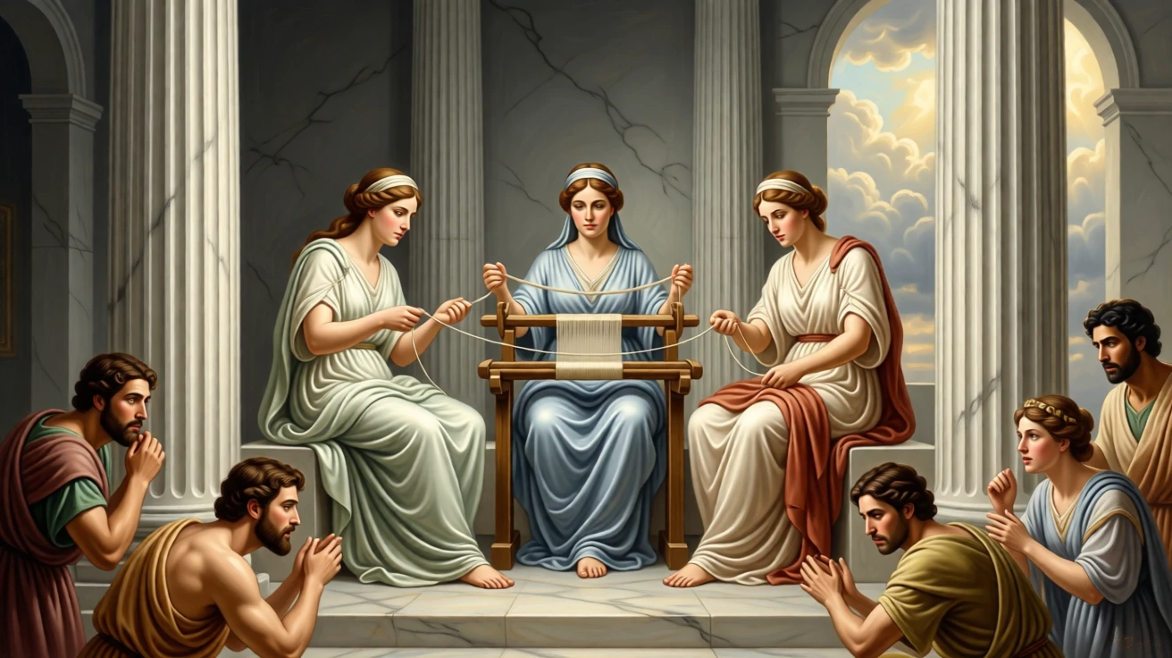 The three fates weaving the thread of a newborn's destiny while onlookers lean forward in astonishment, set against the marble columns of an ancient temple, as sunlight gilds the edges of drifting storm clouds; sweeping drapery and gesture guide the eye across the whole scene, evoking awe, destiny, and the weight of history.