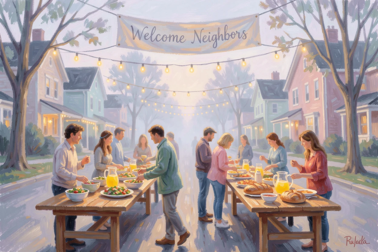 A festive block party with string lights, long tables, and neighbors sharing homemade dishes, in the gentle hush of early morning.