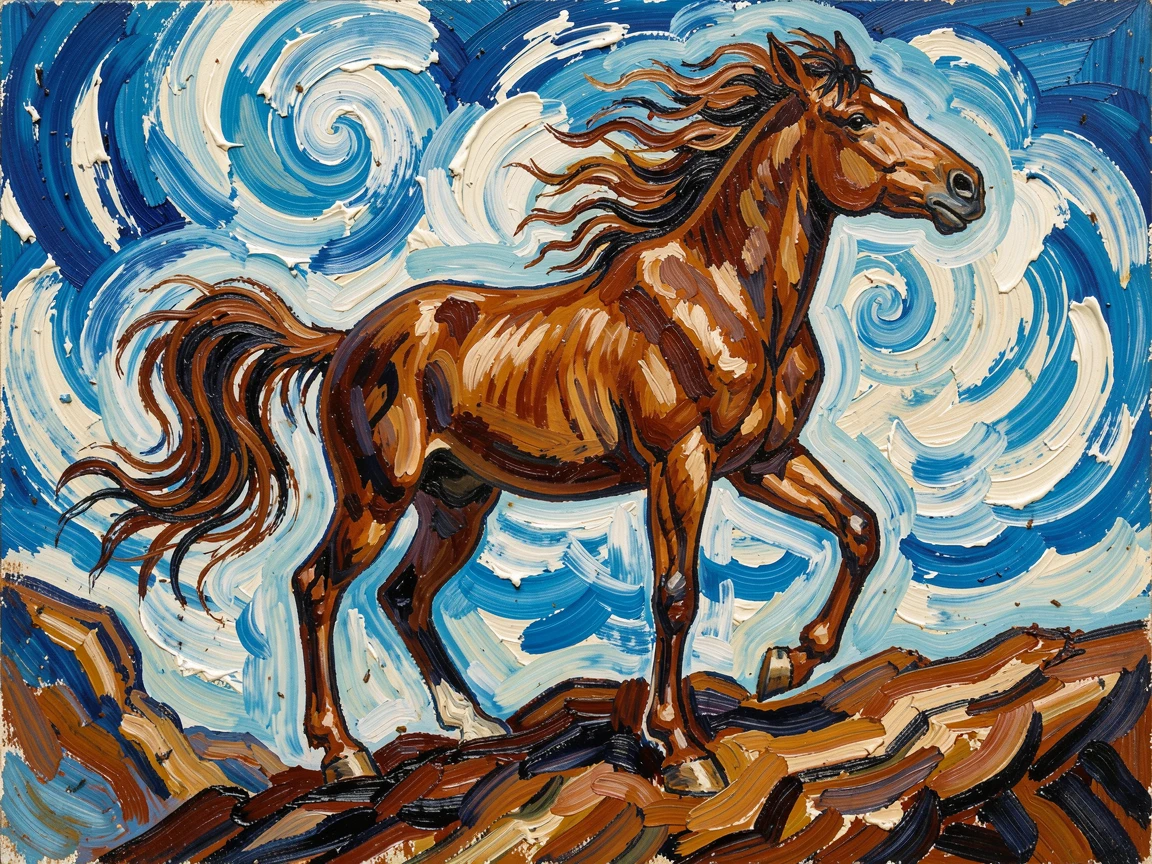 A wild mustang standing proudly atop a ridge, mane catching the wind.