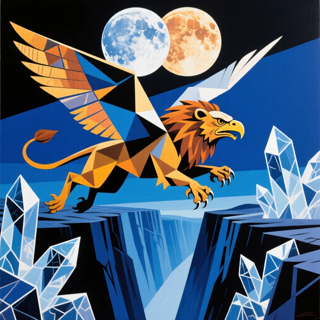 A griffin soaring above a crystal canyon beneath twin moons.