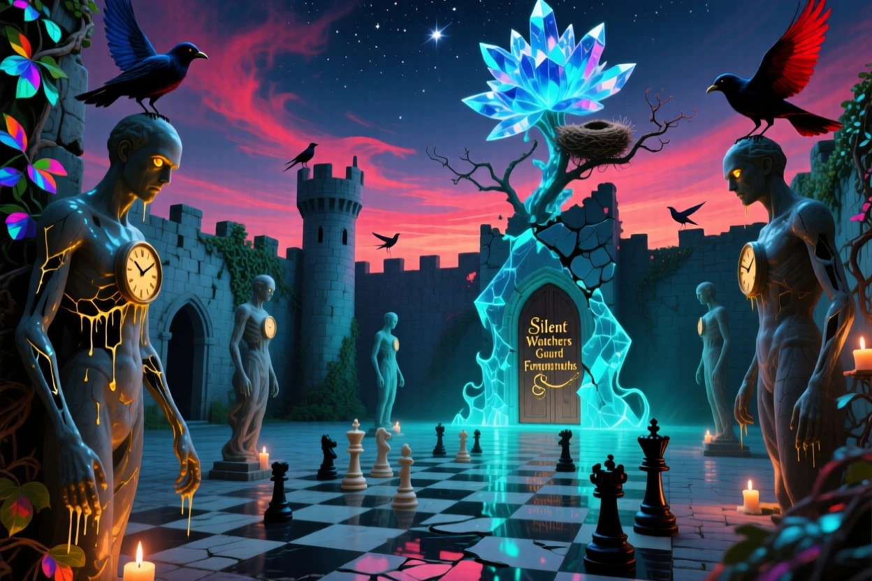 A castle courtyard where every statue seems to watch in silence holds its secrets quietly behind crumbling stone walls, while birds nest peacefully among its crumbling towers.