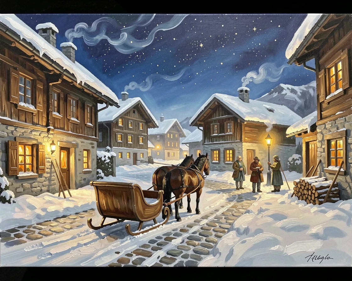 A snow-covered village in Switzerland shows a horse-drawn sleigh gliding past wooden chalets, smoke curling from chimneys under a starlit sky, local life visible in the background, adding a quiet sense of authenticity to the scene.