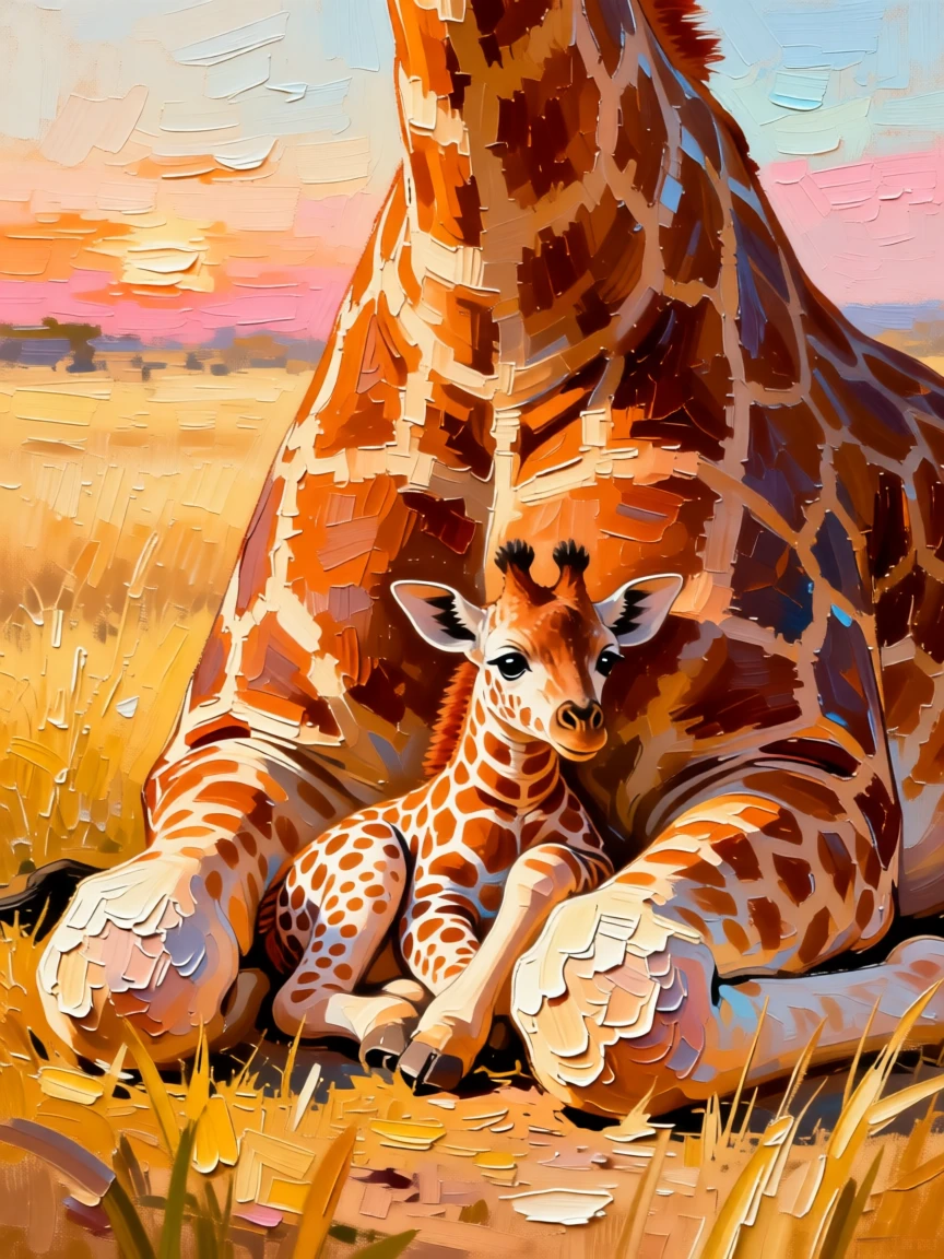 A heartwarming photo of a baby giraffe nestled safely between its mother's paws
