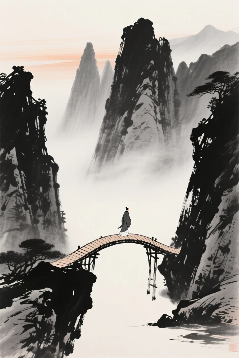 A lone figure crosses a narrow bridge deep in the mountains, with distant peaks rising through the morning mist.