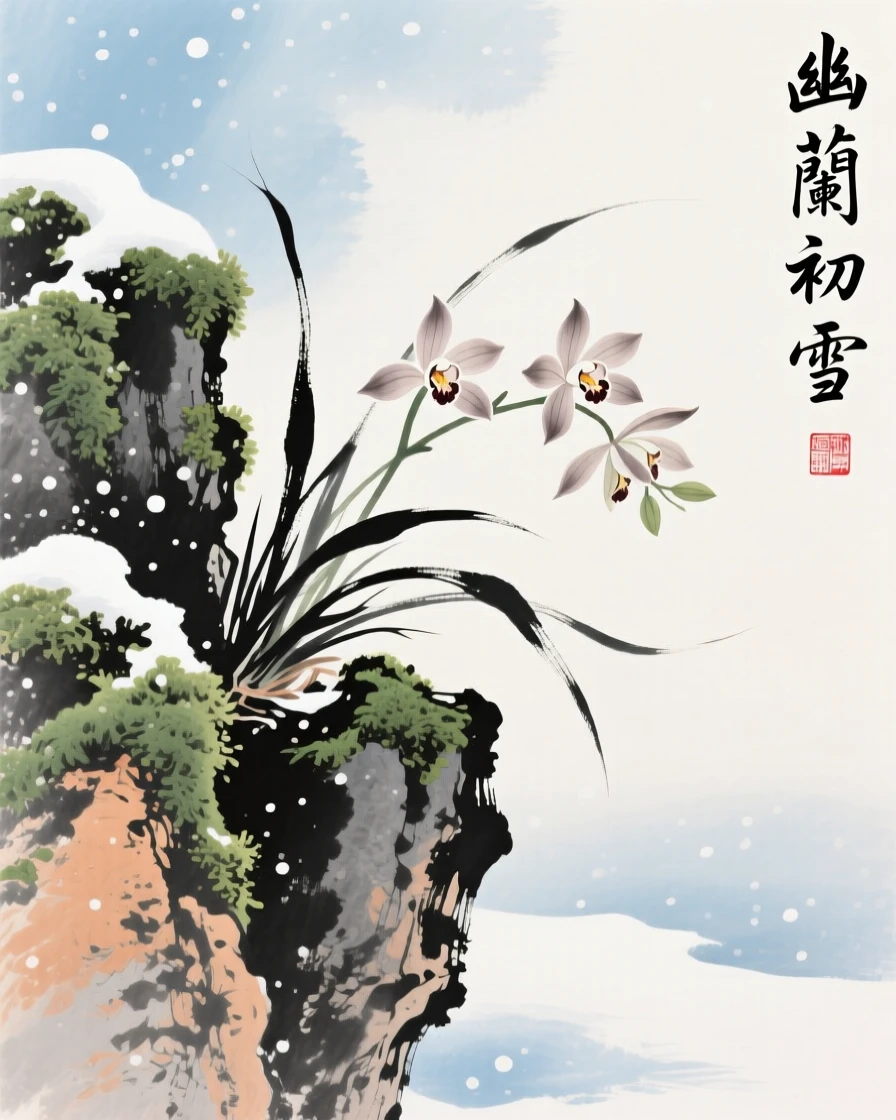 Orchids growing gracefully from a crevice in a mossy rock, suffused with quiet joy, under the first snow of winter.