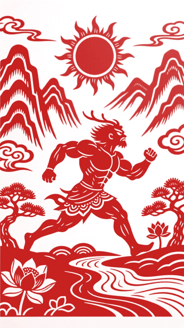 Kuafu the giant chasing the sun across the land, mountains and rivers stretching behind his enormous strides