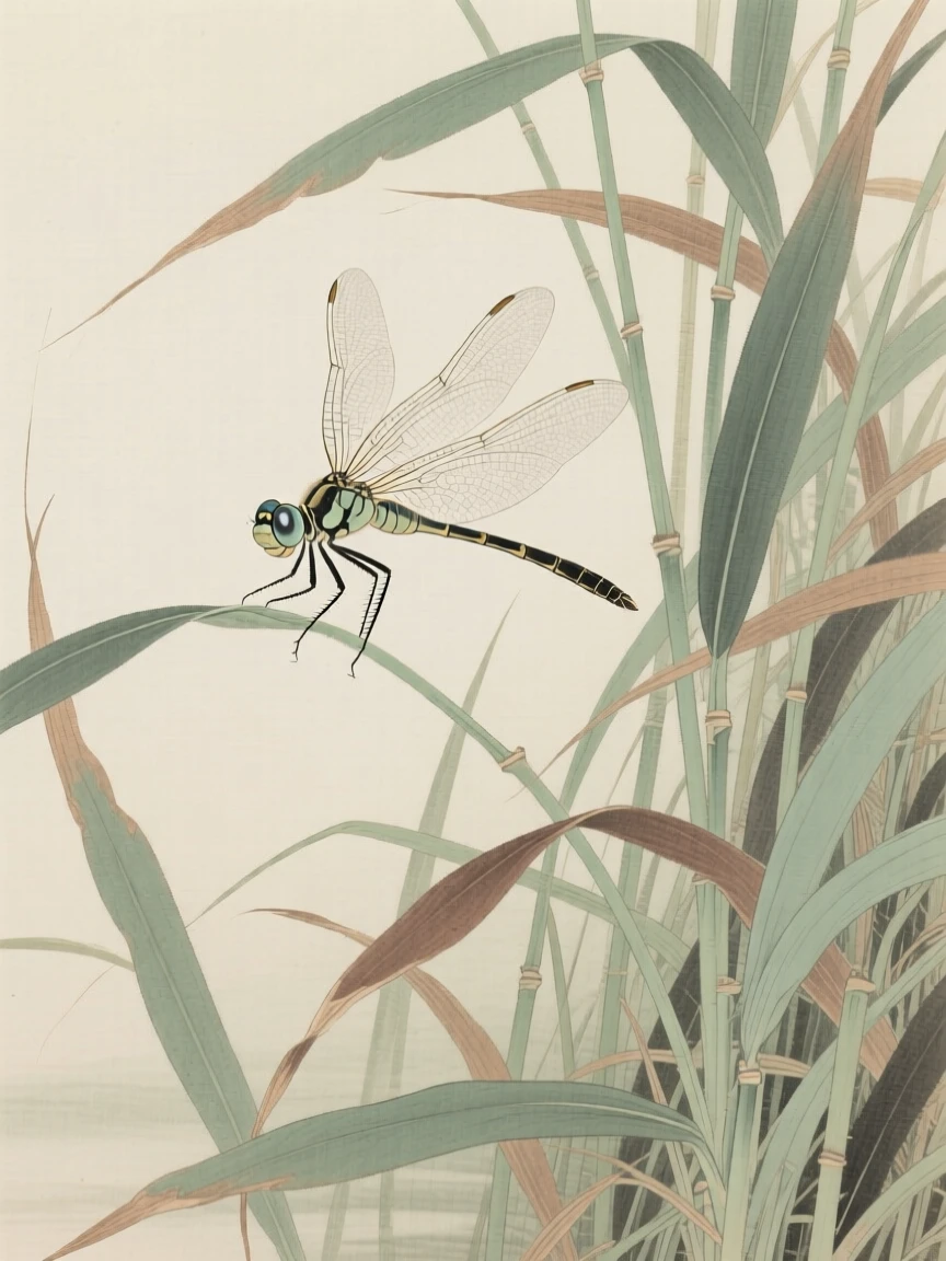 A dragonfly wandering through a field of tall reeds