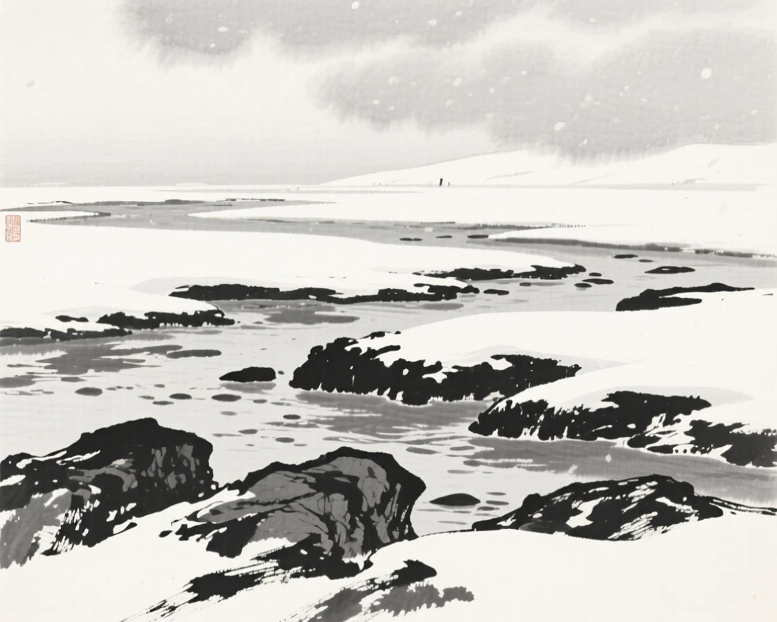 A tide pool coastline exposed at low water under a pale winter sky heavy with unfallen snow, framed low, with the foreground rocks leading the eye toward the distance, conveying calm reflection and gentle isolation.
