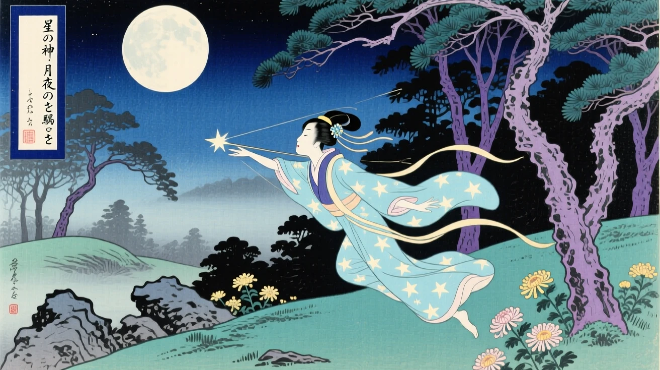 A star-born deity darting through a moonlit forest.