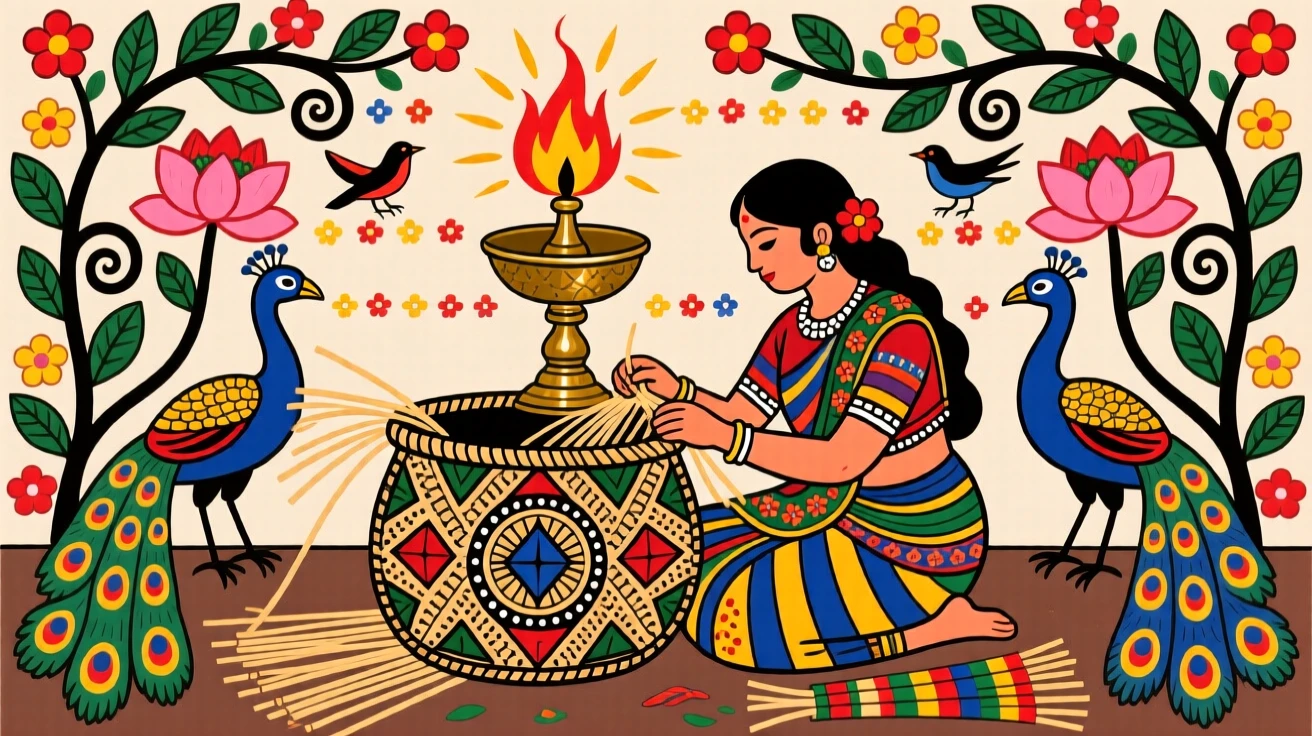 A basket weaver working reeds into an intricate pattern by lamplight.