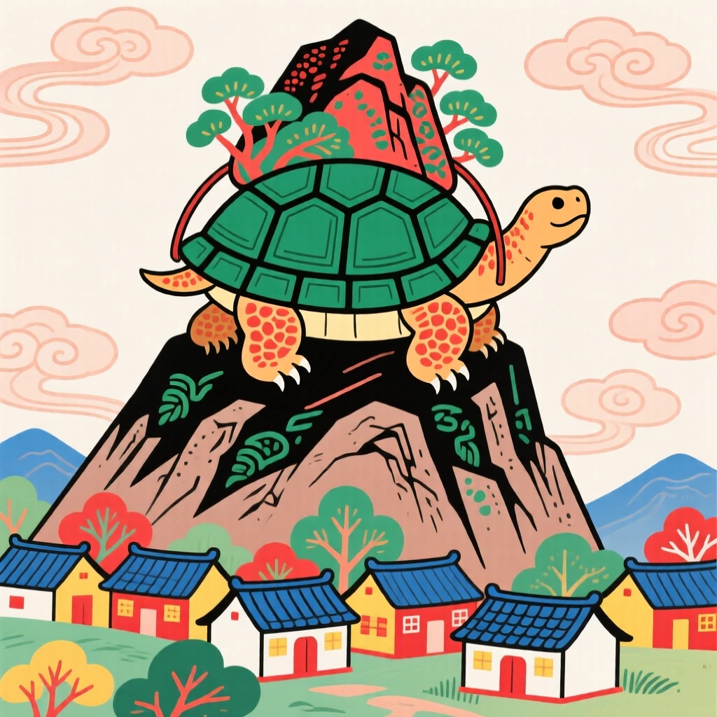 An ancient turtle carrying a mountain on its back, watching over a village from a mountain peak.