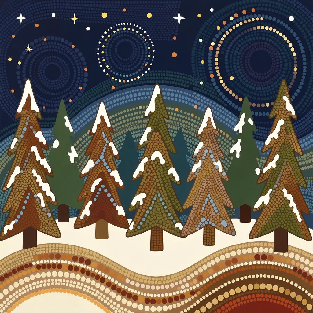 A snow-blanketed pine forest beneath a starry night sky
