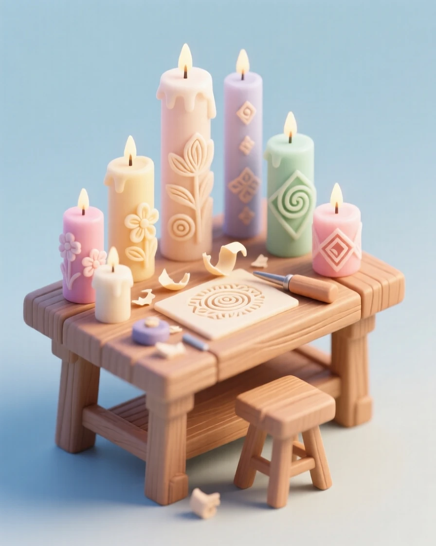 A candle carving session with wax pillars being etched into detailed patterns, shavings curling onto the workbench.