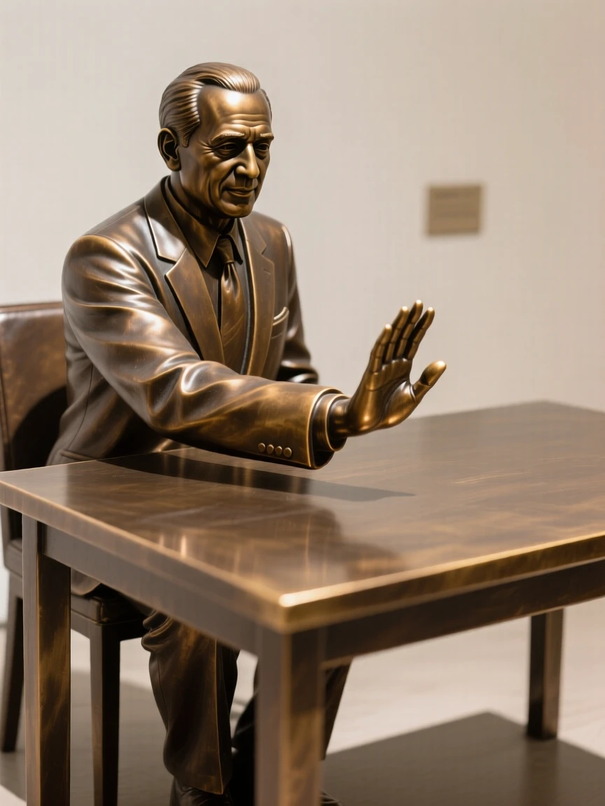 A diplomat extending a hand of peace across a table, in a moment of pure emotion, forming a strong central focal point