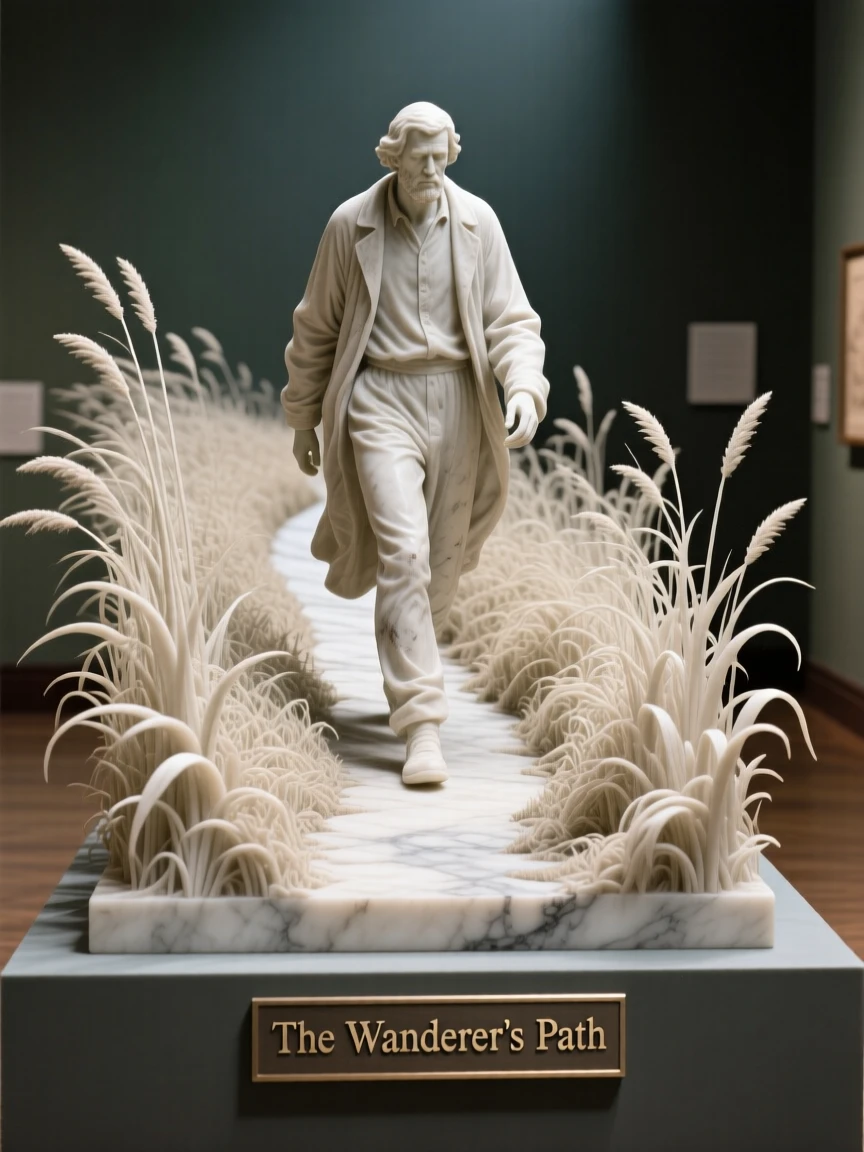 An evocative depiction of a lone wanderer walking a path through tall grass, captured with cinematic depth and detail, balancing detail with emotional depth