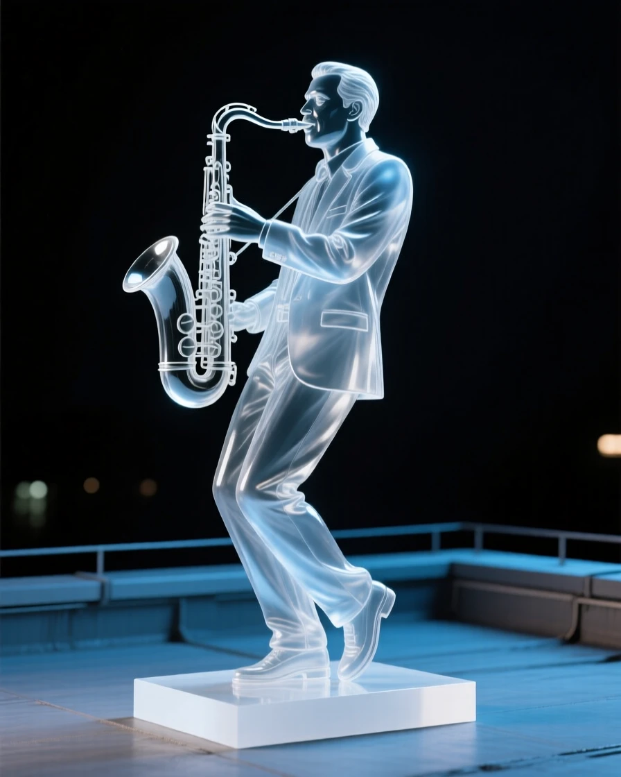 A jazz musician playing saxophone on a rooftop at night as the crowd sways gently to the rhythm of the music