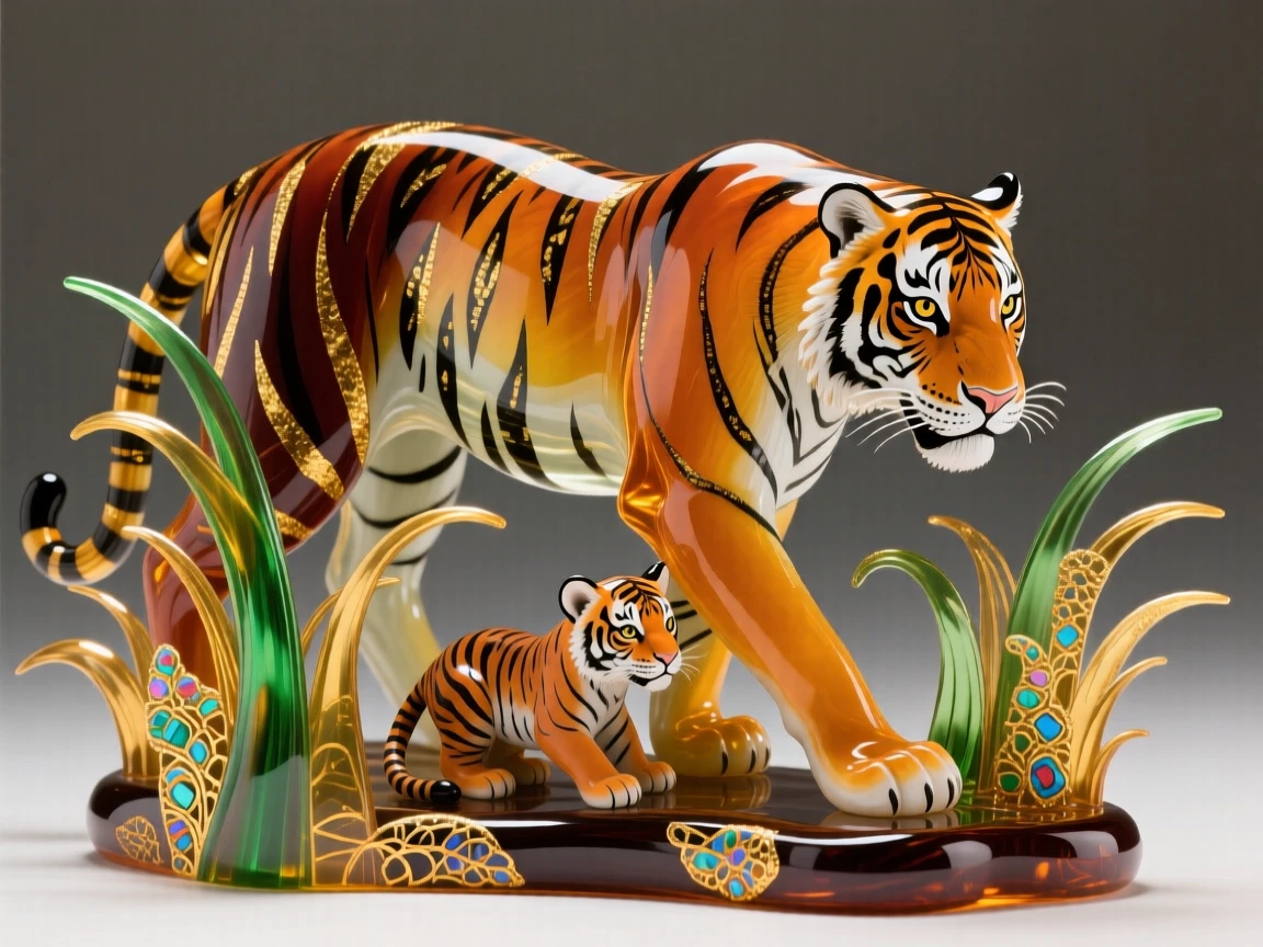 A mother tiger teaching her cubs to stalk through tall grass, instinctive and tender.