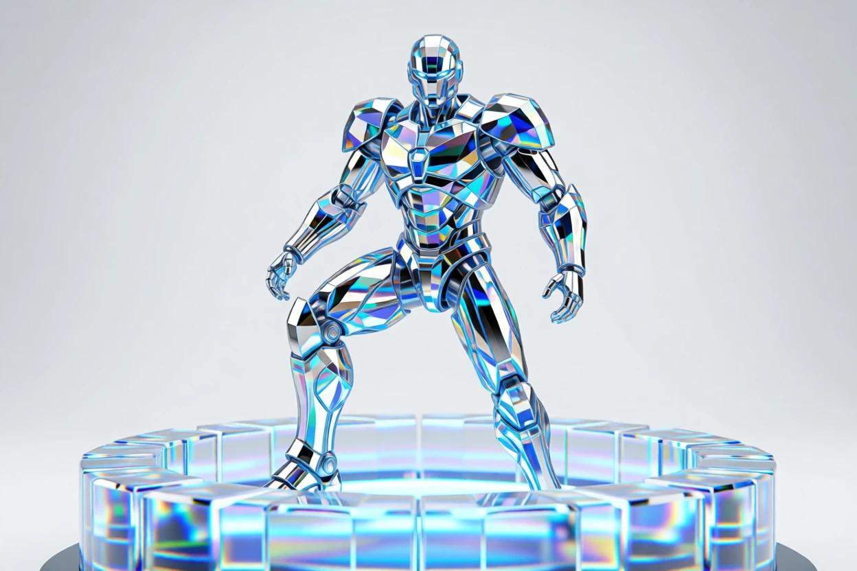 A futuristic mech suit standing guard at the edge of a glowing energy barrier.