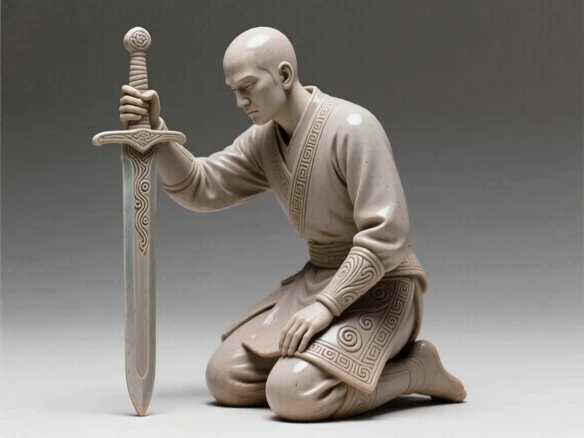 A warrior resting his hand on a sheathed sword kneeling with quiet, contemplative stillness, adorned with simple, elegant ornamentation, capturing a universal moment of human connection.