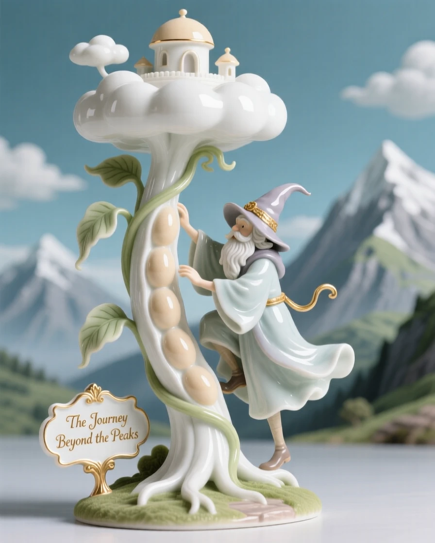 A whimsical scene of a wandering wizard climbing a beanstalk into the clouds in a cloud kingdom above the mountains.