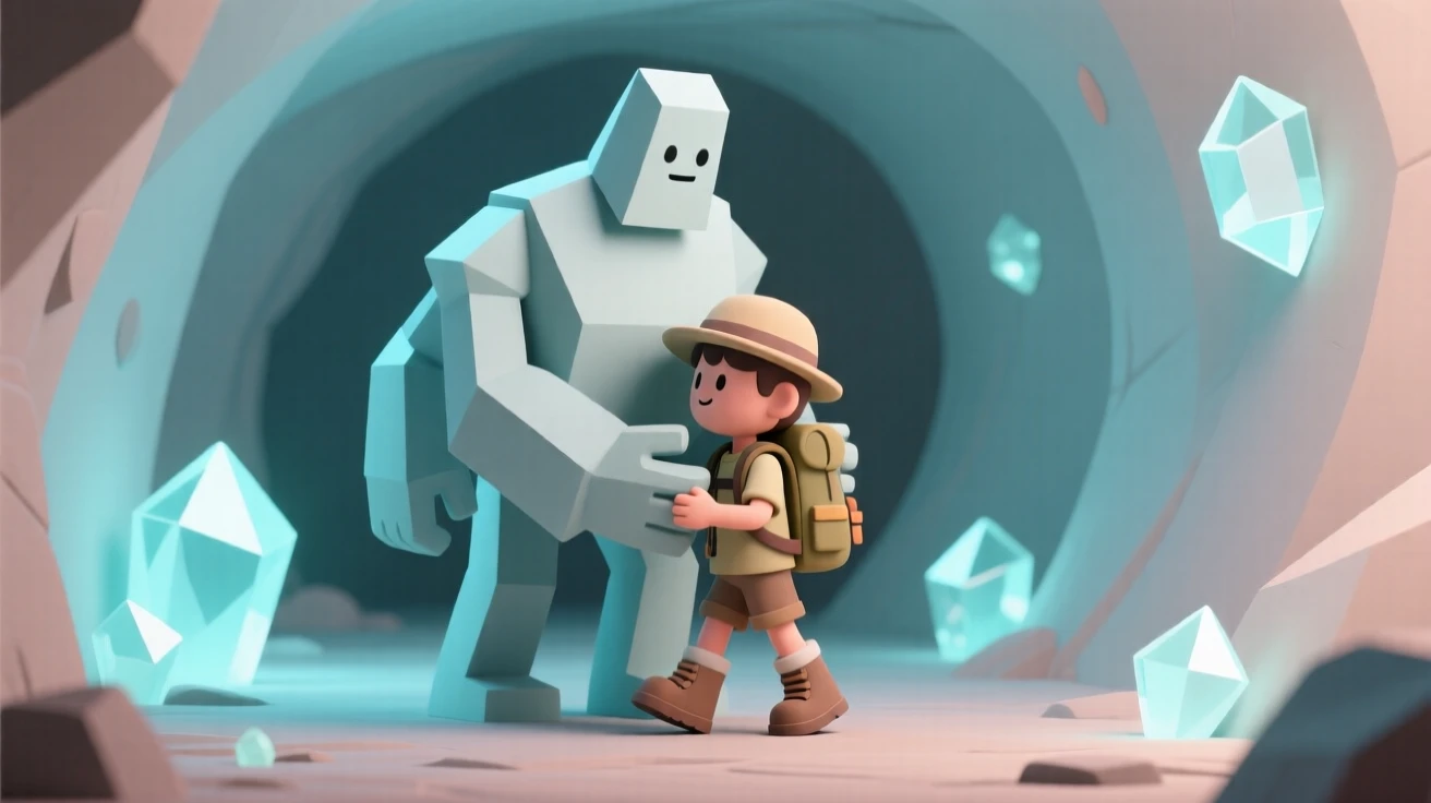 A brave crystal golem carefully carries a lost hiker across a glowing underground cavern lined with gemstones.