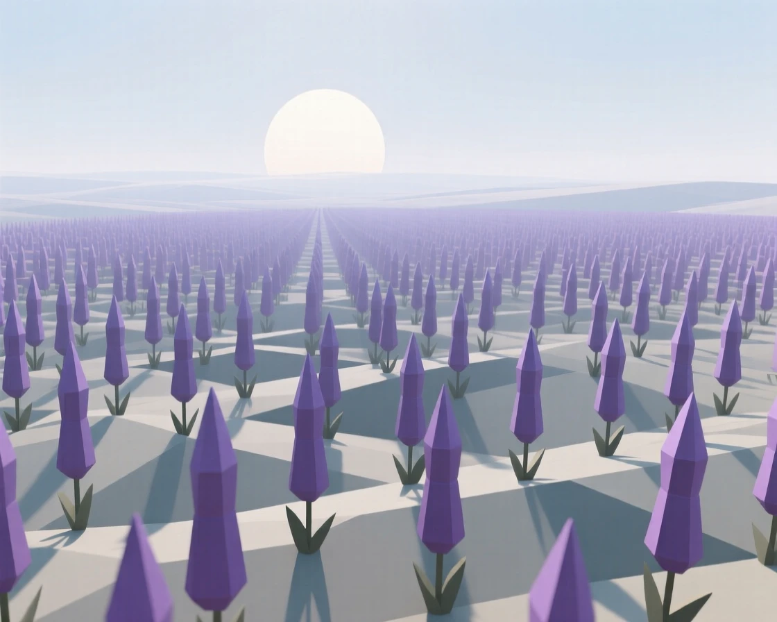 A field of lavender stretching to the horizon, as the sun begins to rise. fine atmospheric haze adds depth to the distance. The scene feels vast and awe-inspiring.