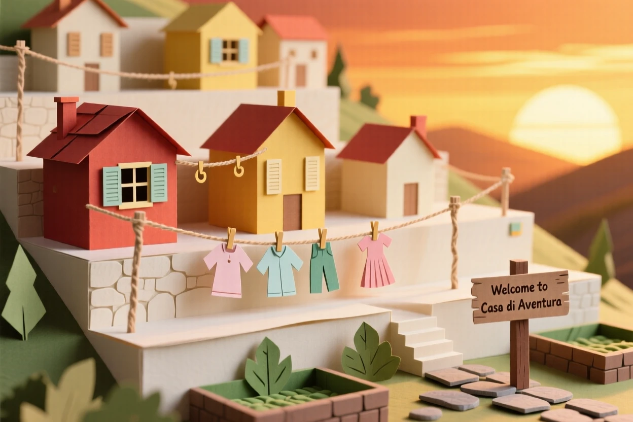 A terraced hillside village glowing warmly at sunset, with laundry lines strung between windows, capturing a sense of discovery and adventure.