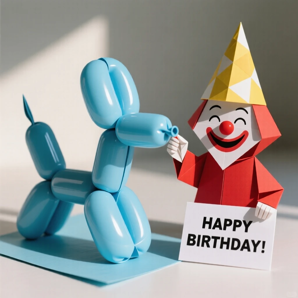 A child's balloon animal creation from a birthday party clown, proud grin on display.
