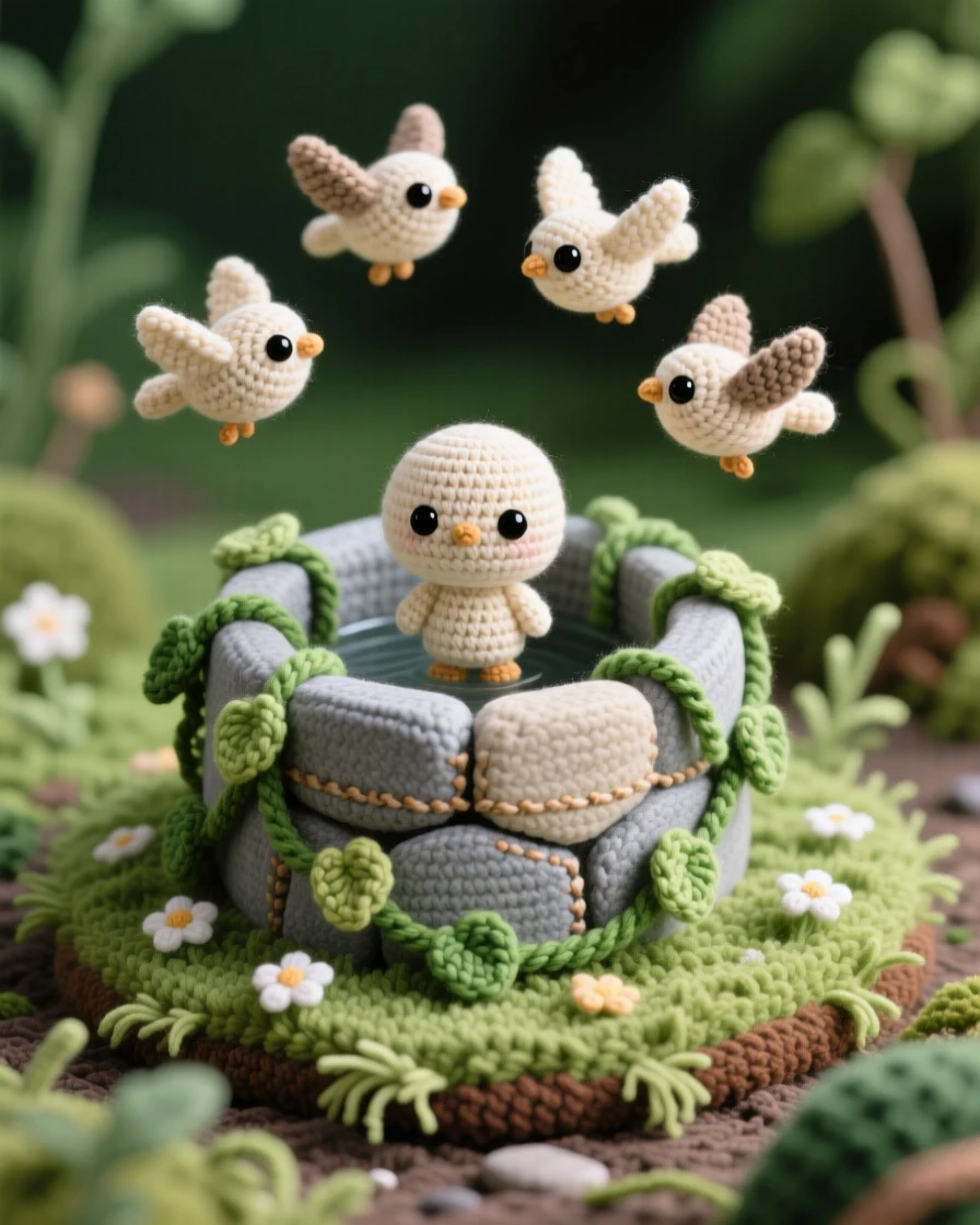 A picturesque scene featuring a small stone well, covered in creeping ivy, standing in the center of a quiet garden at the edge of a quiet, untouched wilderness, accompanied by a small flock of birds passing overhead, capturing calm, restorative stillness.