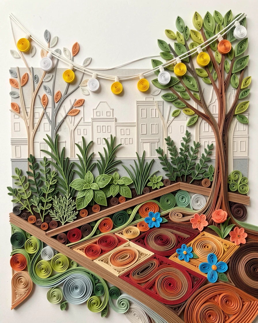A relaxed modern lifestyle scene of a rooftop garden filled with herbs and string lights on a quiet tree-lined city street, with lively pops of color scattered throughout the scene, arranged with cozy layered textures throughout.