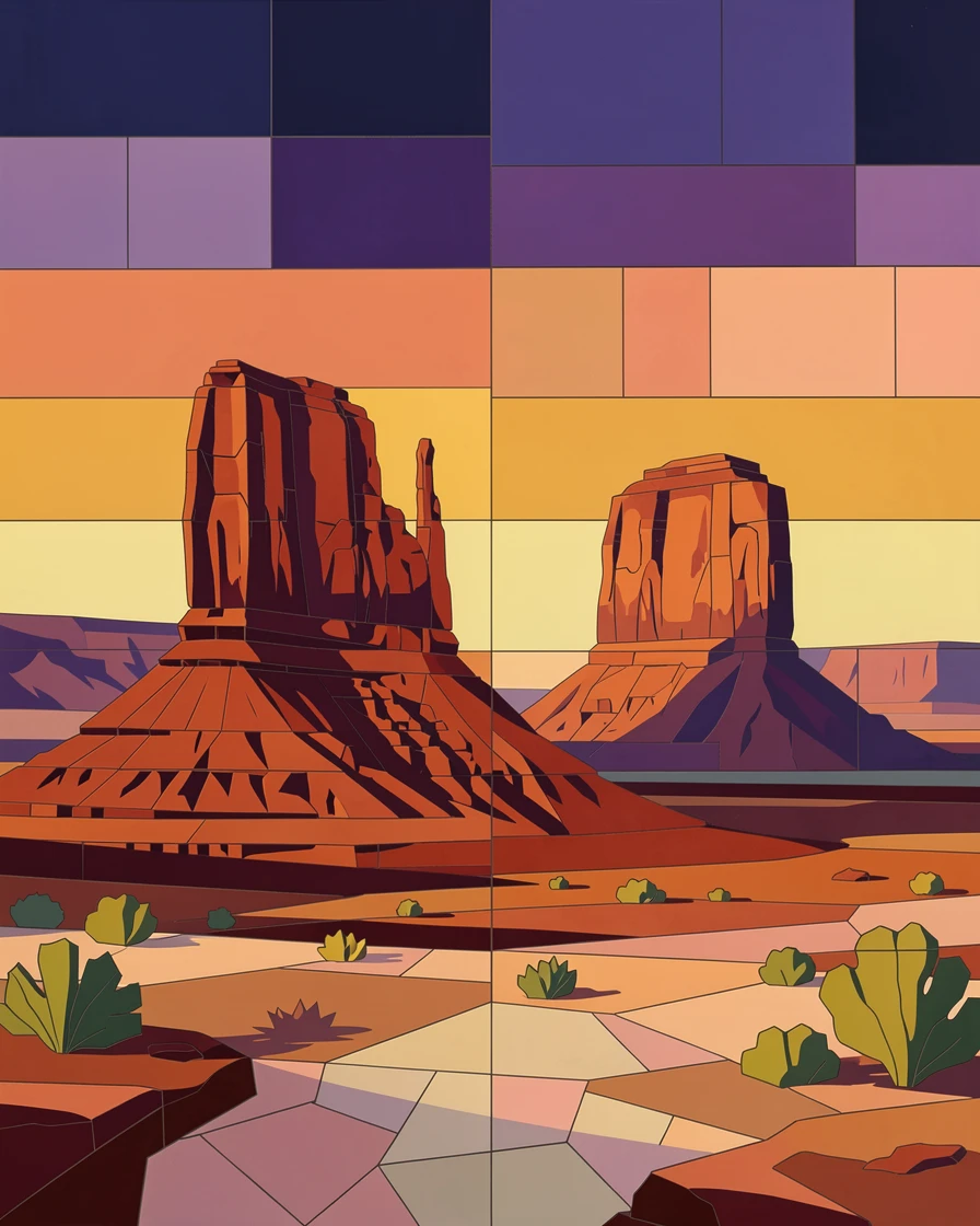 The towering red rock formations of monument valley at sunset, viewed from a dramatic elevated vantage point.