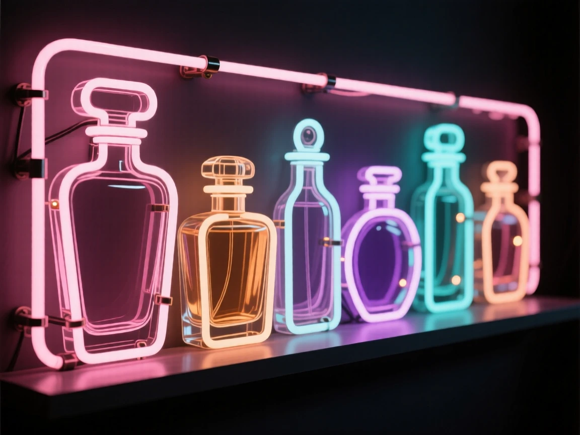 A row of antique perfume bottles catching afternoon light on a vanity.