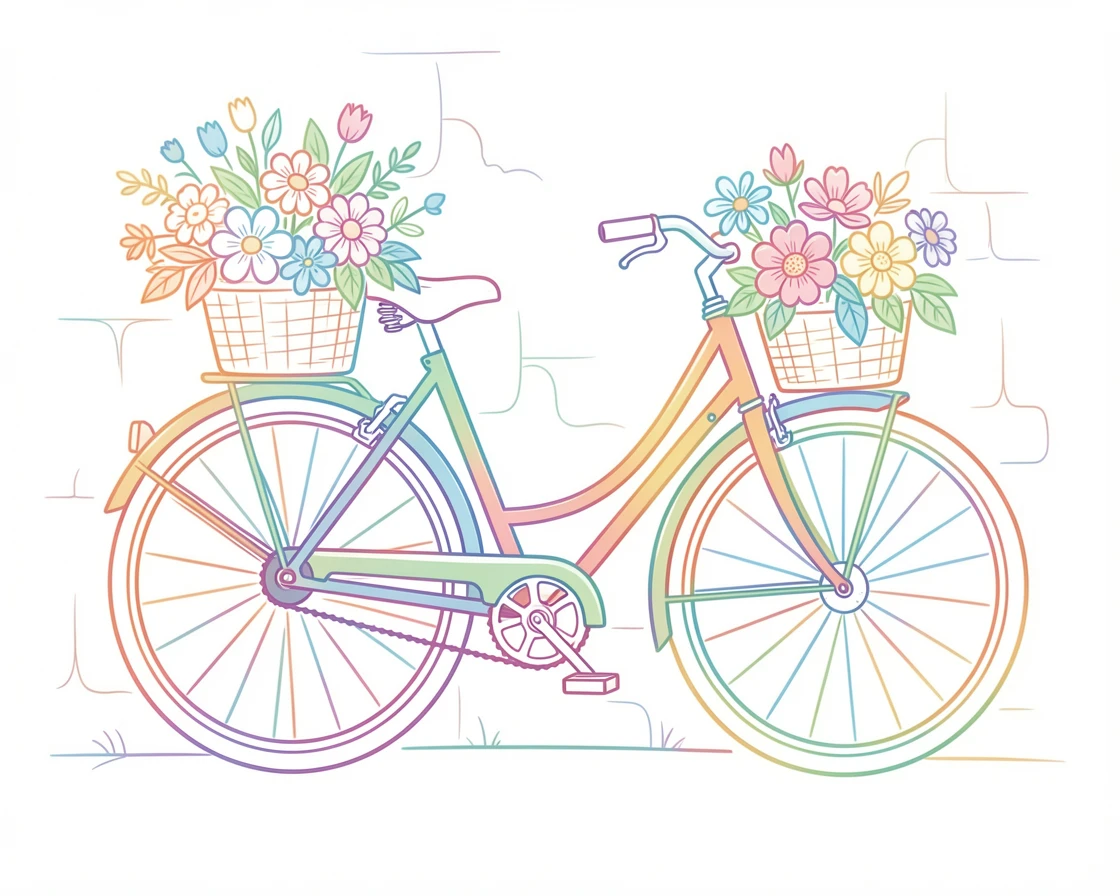 A vintage bicycle with a basket full of flowers parked against a wall.