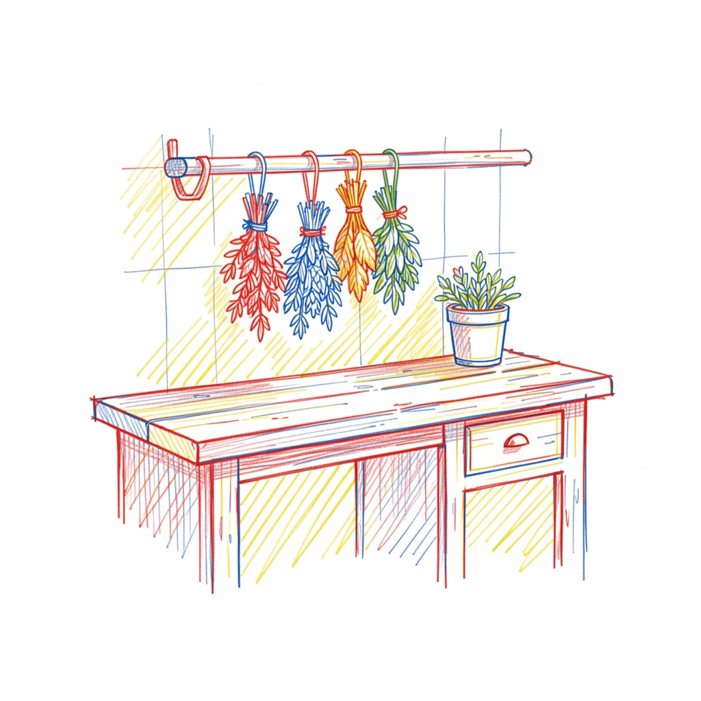 A rustic kitchen counter with fresh herbs drying in bundles