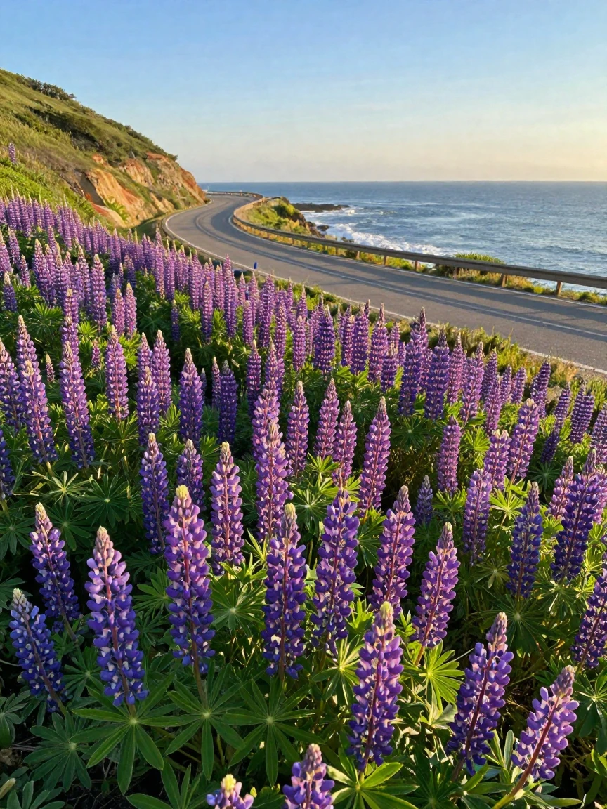 A field of wild lupine blooming along a coastal highway
