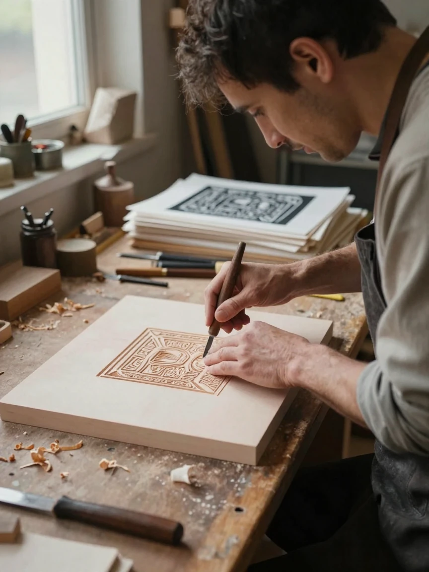 A woodblock printer carves intricate lines into a fresh printing block.