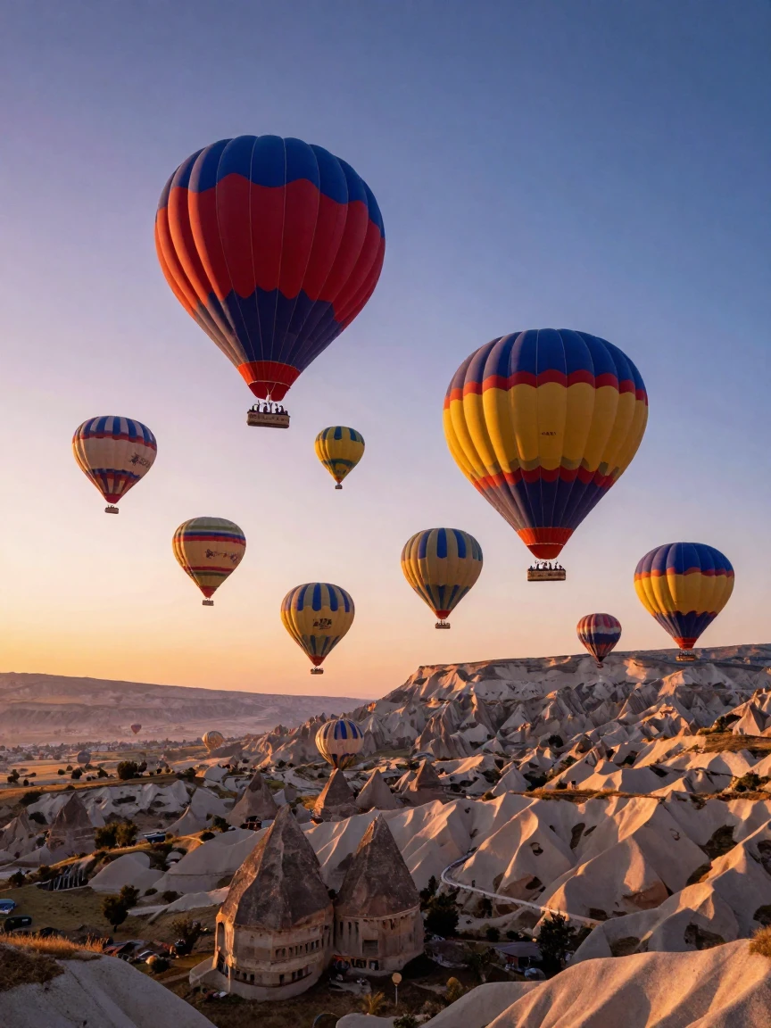 A fleet of colorful hot air balloons rising together over Cappadocia at dawn