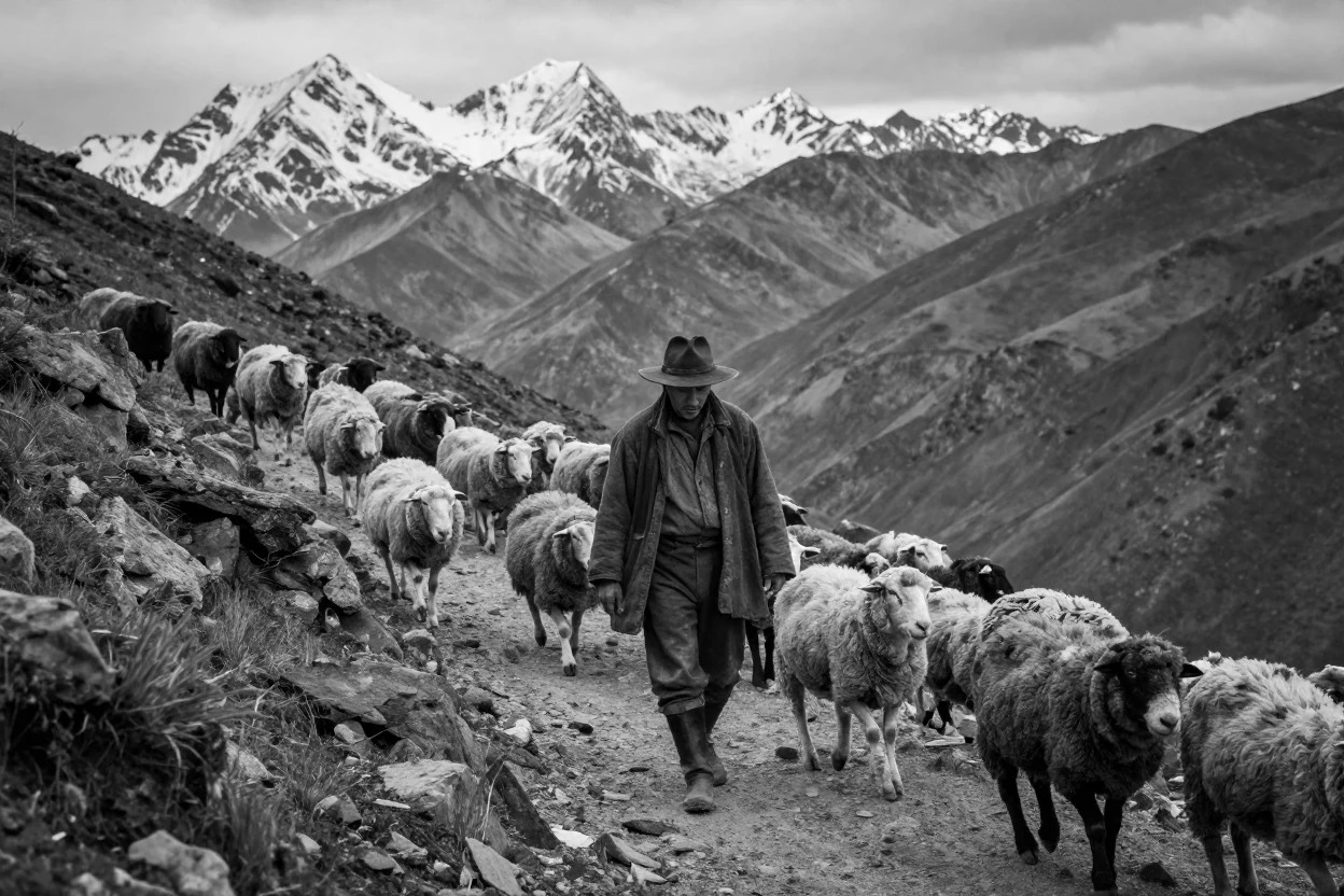 A shepherd guides a flock down a mountain path beneath a ring of snowy peaks.