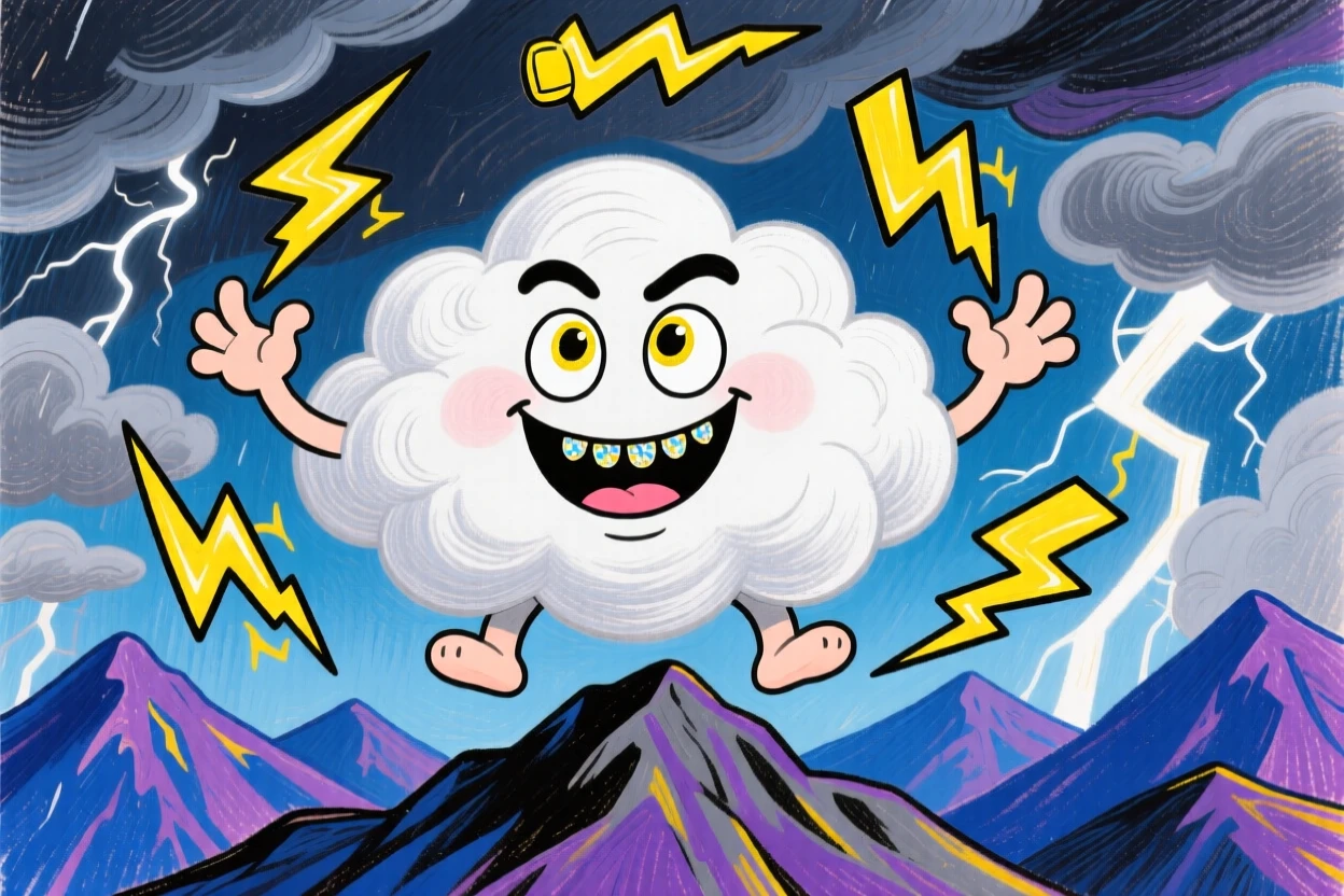 A cloud sprite juggling tiny thunderbolts high above a stormy mountain range.