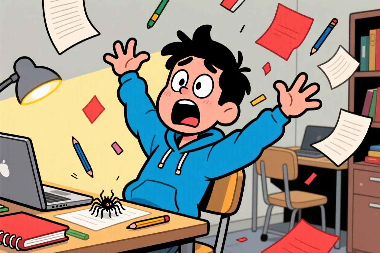 A funny expressive moment showing a college student overreacting dramatically to a tiny spider, as papers and belongings scatter everywhere.