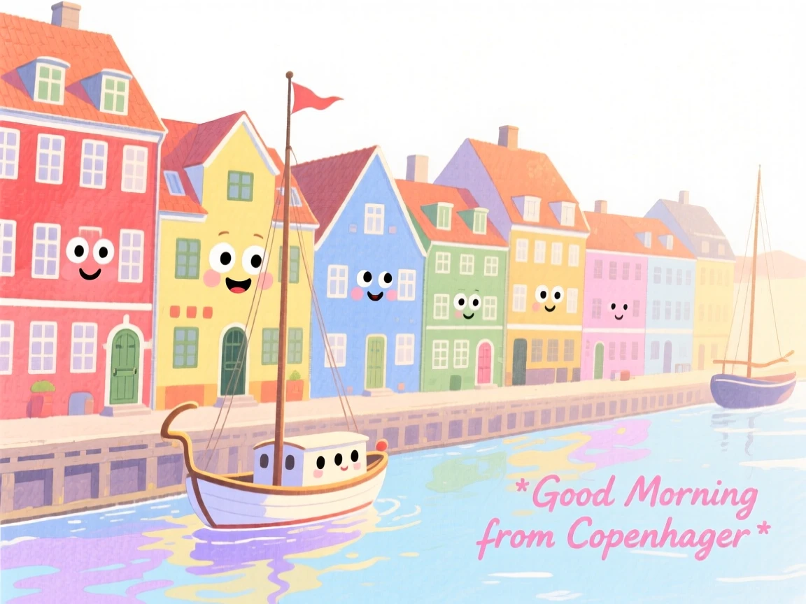 A dreamy travel postcard scene of a row of colorful houses along Copenhagen's harbor bathed in warm morning light