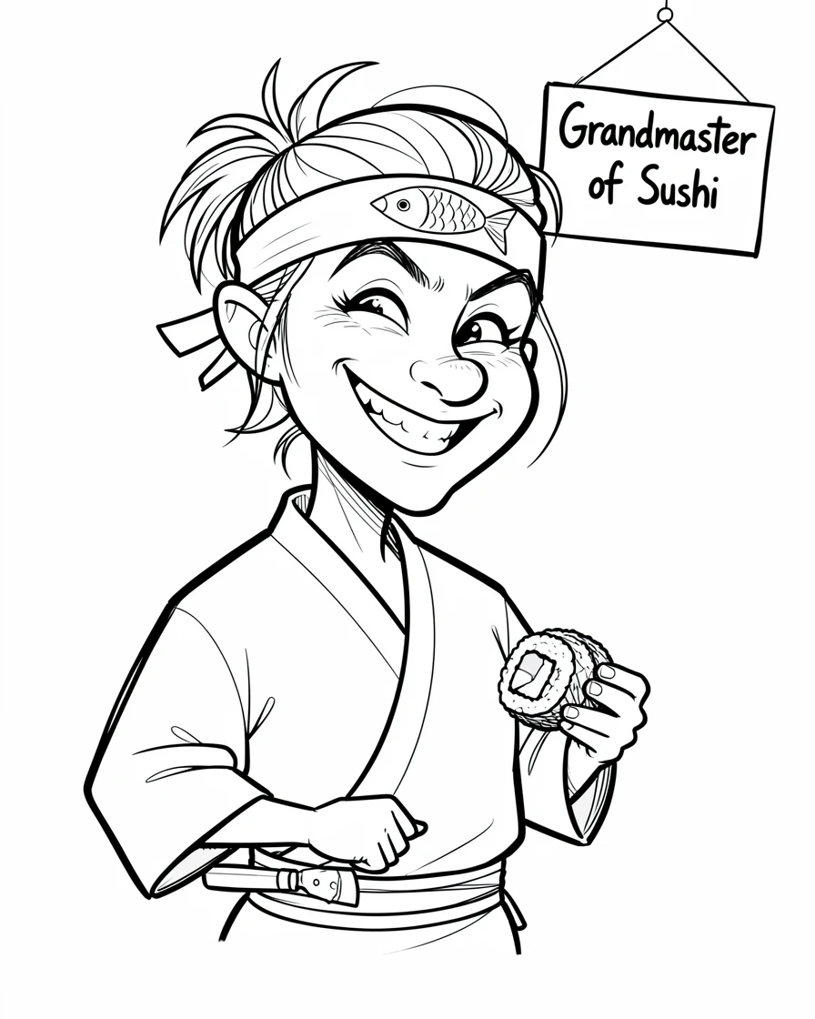 [People Portraits & Characters] Portrait of a spunky sushi master grinning proudly, full of personality and charm