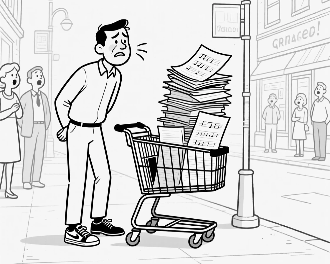 A man realizing too late he's wearing mismatched shoes, wincing with every single squeak of the wheel, set on a busy sidewalk full of onlookers. A stack of ungraded papers teeters nearby. It's the kind of relatable blunder everyone secretly recognizes.